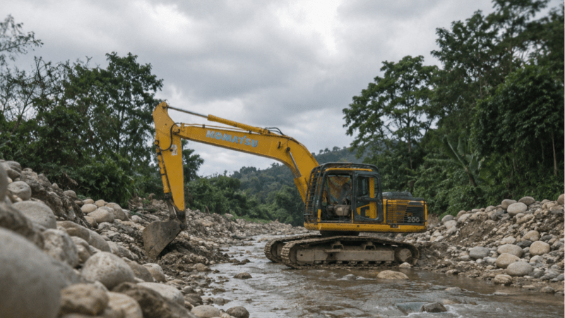 Alat berat mengeruk batuan di Sungai Desa Air Terang. Material diangkut ke stone crusher di Momunu, sementara ESDM memastikan izin tambang belum diterbitkan. Foto Istimewa - TB 